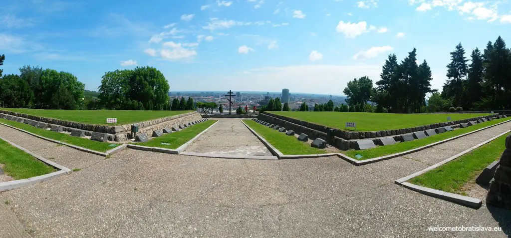 The wide green area is the cemetery with graves of fallen soldiers